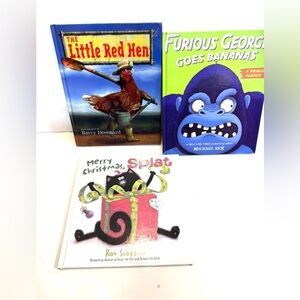 3 Hardcover Children’s Books Little Red Hen, Furious George, Merry Xmas, Splat
